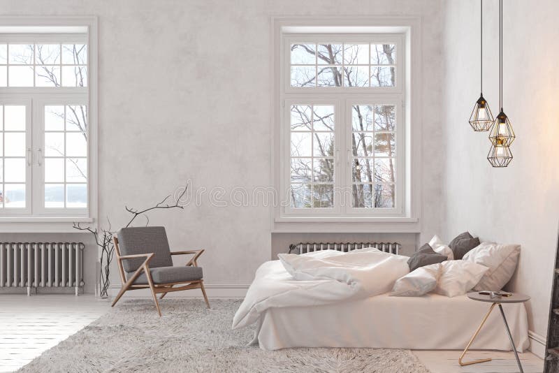 Scandinavian, loft interior empty white bedroom.