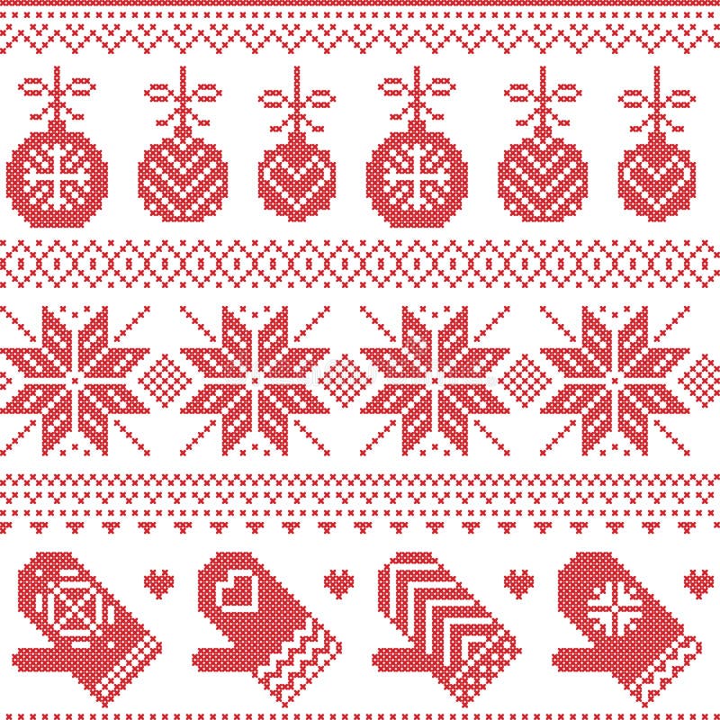 Scandinavian Nordic seamless Christmas pattern with Xmas baubles, gloves, stars, snowflakes, Xmas ornaments, snow element, hearts royalty free illustration Scandinavian Nordic seamless Christmas pattern with Xmas baubles, gloves, stars, snowflakes, Xmas ornaments, snow element, hearts royalty free illustration