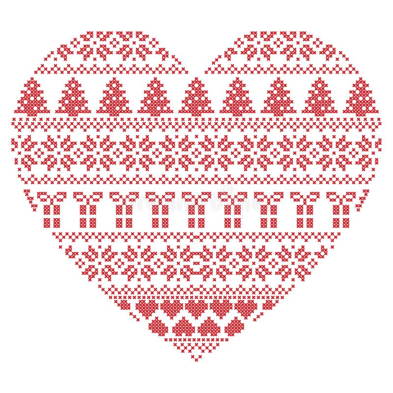 Scandinavian Nordic winter stitch, knitting christmas pattern in in heart shape including snowflakes, xmas trees 1