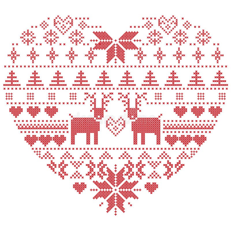 Scandinavian Nordic winter stitch, knitting christmas pattern in in heart shape shape including snowflakes, xmas trees,reindeer