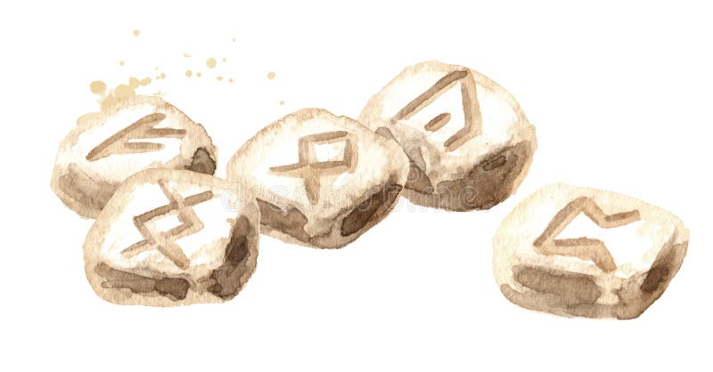 Scandinavian stone hand made runes for fortune telling. Witchcraft, Magic, Occult and esoteric concept. Hand drawn watercolor illu stock illustration Scandinavian stone hand made runes for fortune telling. Witchcraft, Magic, Occult and esoteric concept. Hand drawn watercolor illu stock illustration