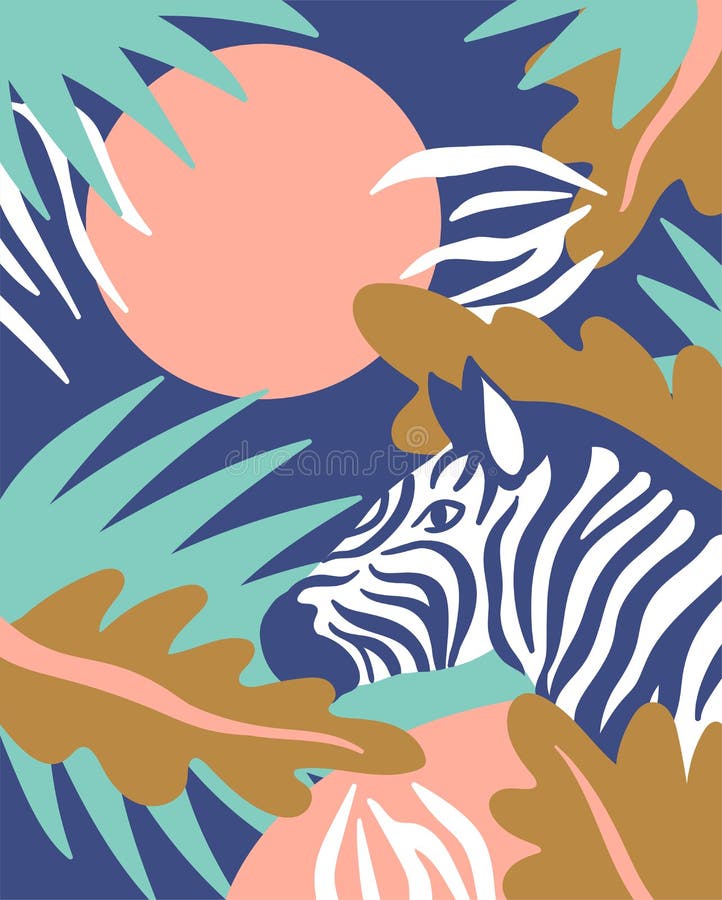 Scandinavian style background with palm leaves and zebra. Tropical card. Vector illustration.