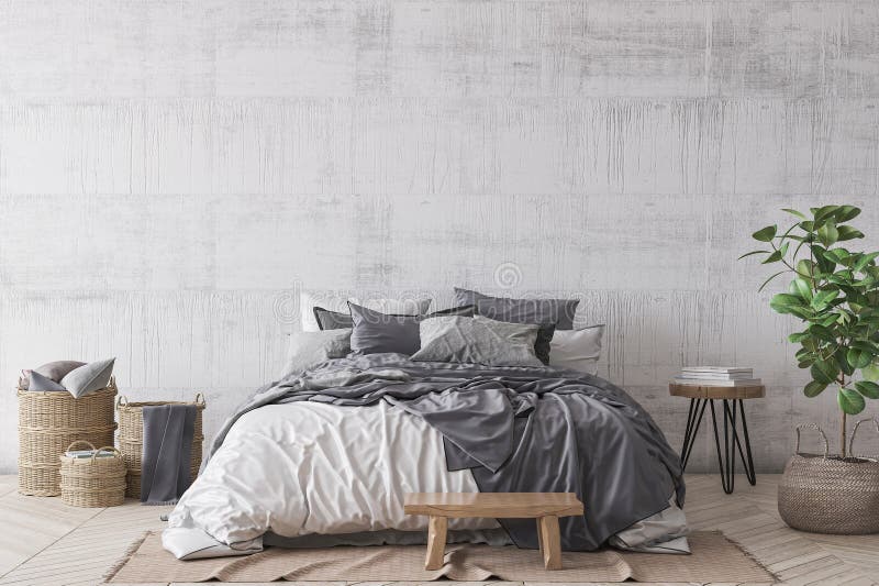 Scandinavian style bedroom mockup, home interior design, rustic gray room design