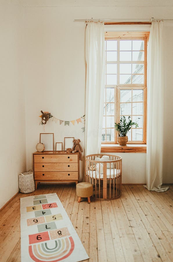 Scandinavian Style Children`s Room Interior. a Cozy Oval Baby Bed Cradle  Stock Image - Image of decoration, frame: 160462721