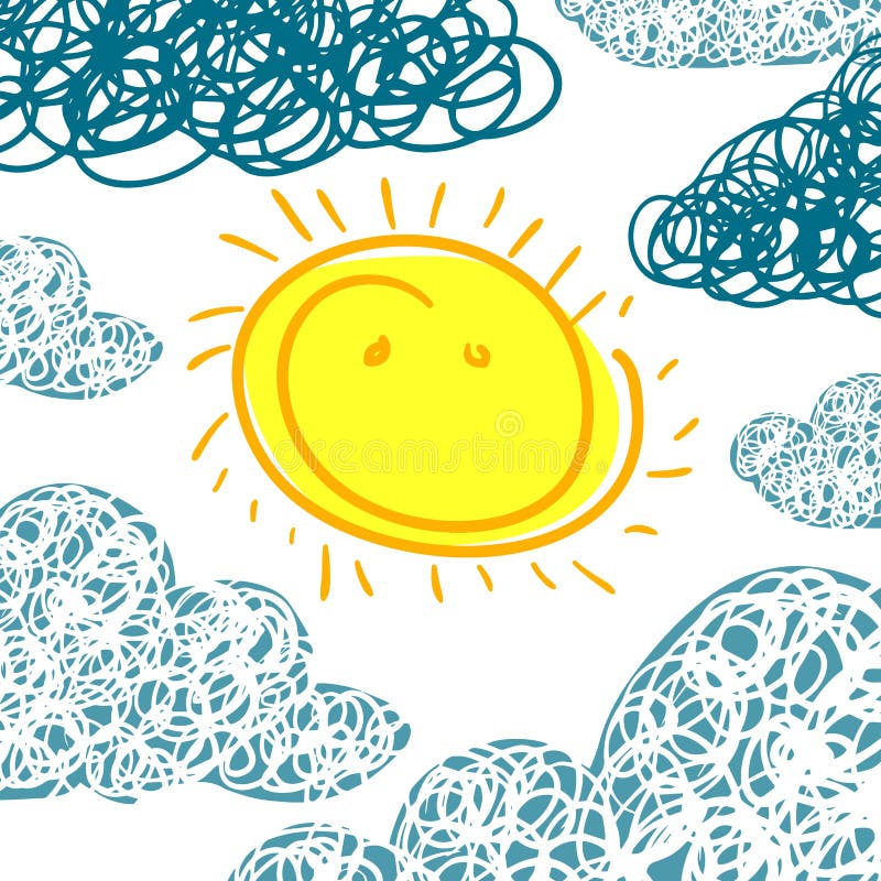 Sun and clouds childish cute drawing. Vector illustration