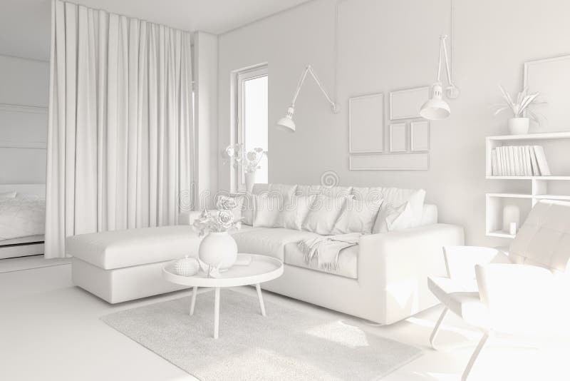 Scandinavian style interior design 3D rendering. Estate, carpet.