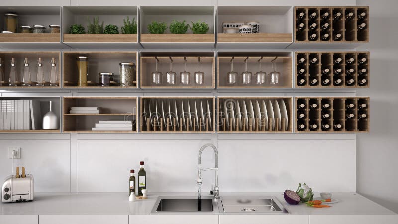 Scandinavian White Kitchen, Shelving System Stock Photo - Image of ...