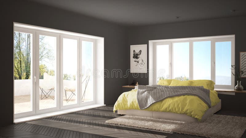 Scandinavian white and yellow minimalist bedroom with panoramic window, fur carpet and herringbone parquet, modern pastel architec