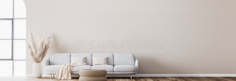 Scandinavisch ontwerp van woonkamer met rotanttafel pampas en witte sofa op beige achtergrond