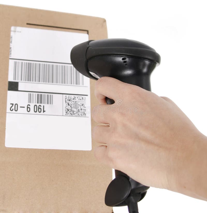 Scanning barcode on the box isolated on white stock image