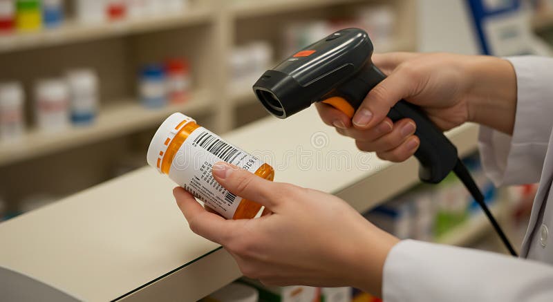 Scanning Medication Bottle with Barcode Reader in Pharmacy royalty free illustration