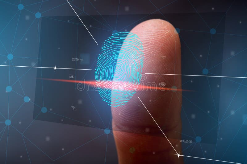 Scanningen av fingeravtrycket Höga teknologier av informationsskydd och biometric ID royaltyfri bild