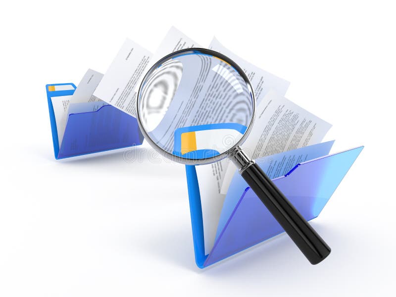 Magnifying glass over the moving documents between blue folders. 3d illustration. Magnifying glass over the moving documents between blue folders. 3d illustration.