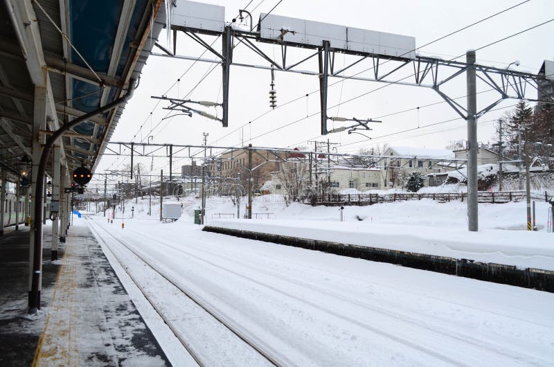 Scape города вокзала в зиме, Японии Otaru стоковые изображения rf Scape города вокзала в зиме, Японии Otaru стоковые изображения rf
