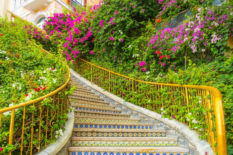Scara curbată în aer liber cu plăci colorate de mozaic și bougainvillea luxuriantă care înfloresc urcând pe balustradă și pereți î royalty free stock photo