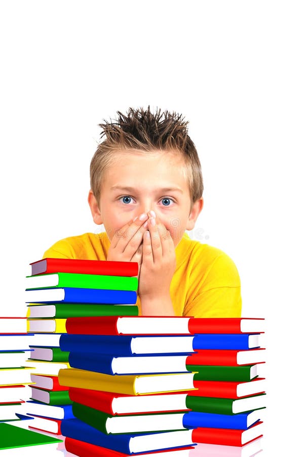 Scared boy from school with books