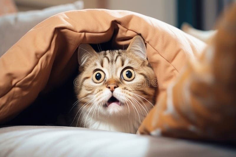 Scared Cat in a Bed, Generative AI stock illustration