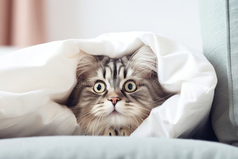 Scared Cat in a Bed, Generative AI royalty free illustration