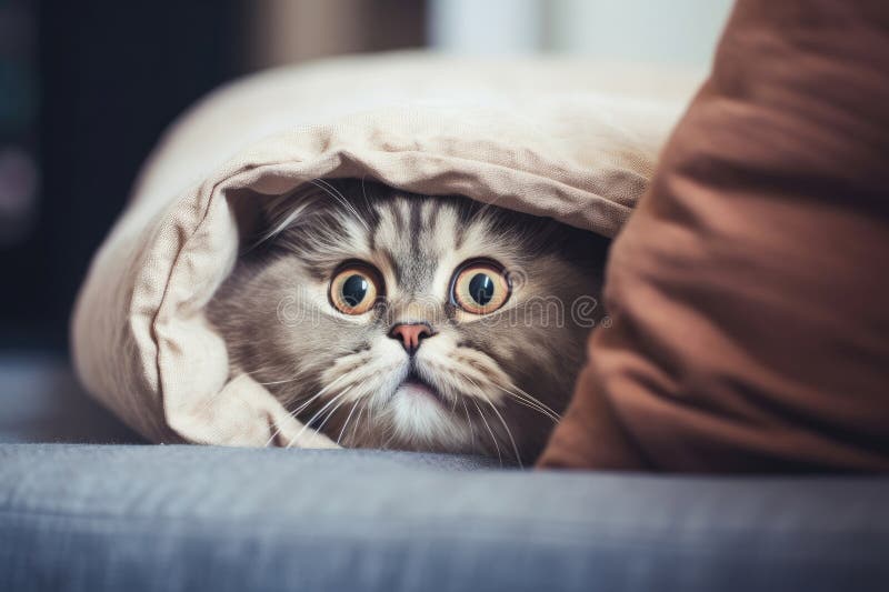 Scared Cat in a Bed, Generative AI stock illustration
