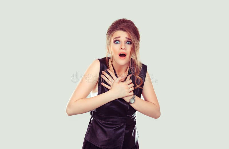 Scared Shocked Woman Isolated On Gray Background Stock Photo