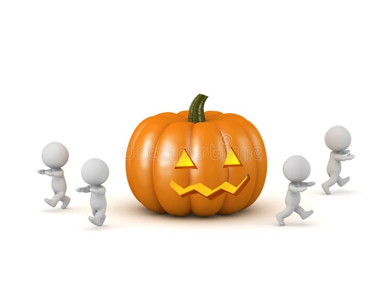 Scared 3D Characters Running Away from a Carved Halloween Jack-O-Lantern Pumpkin vector illustration