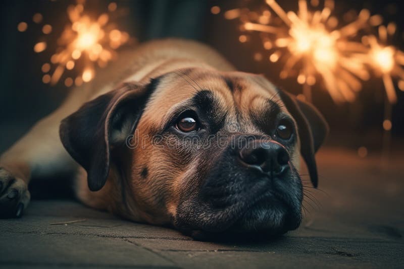 Scared dog with fireworks. Generative AI i vector illustration