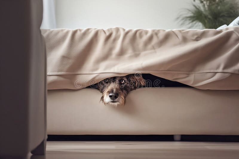 Scared Dog Hiding Under Bed. Generative AI Stock Illustration