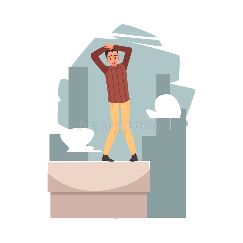 Man with fear or phobia of heights, flat vector illustration isolated.