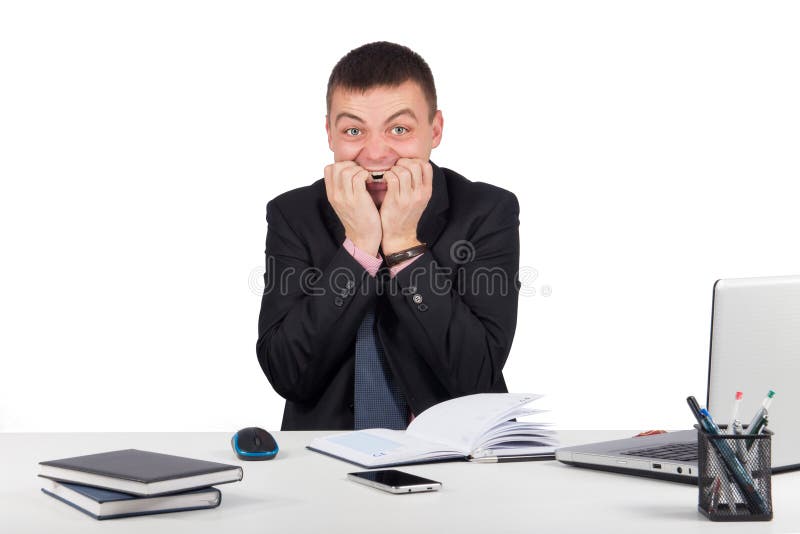 Scared manager biting his nails stock photos Scared manager biting his nails stock photos