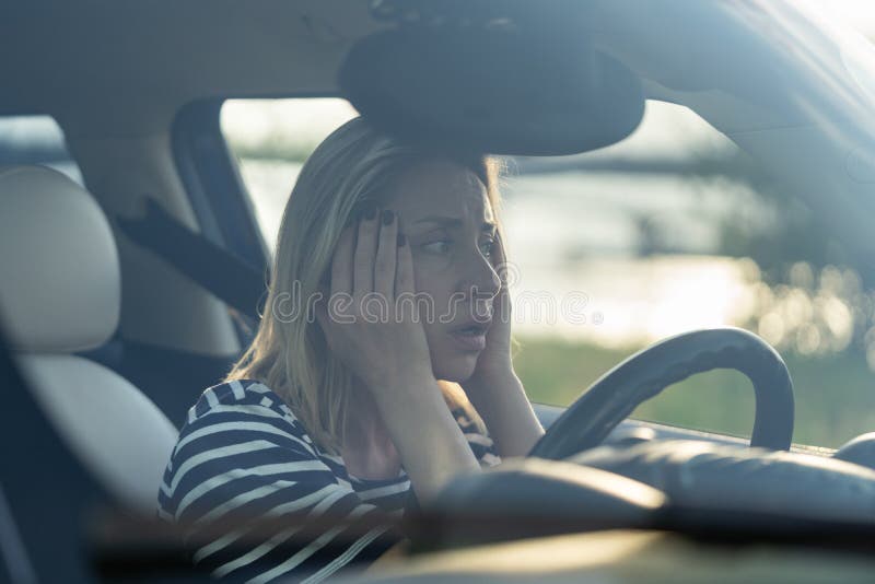Scared Woman Sit At Driver Seat In Car Afraid To Drive Anxious Middle