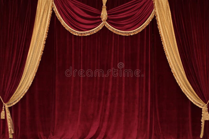 Scarlet velvet curtains with lambrequin and gold fringe