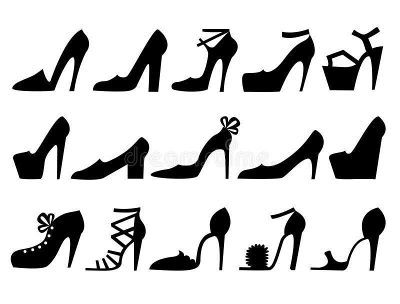 Scarpe con tacchi alti. mettere le donne scarpe di silhouette nere in stile piatto illustrazione di stock