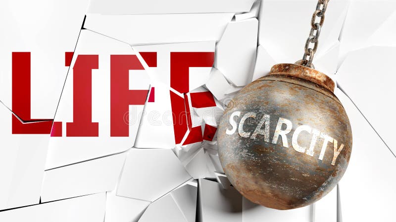 Scarsità e vita - nella foto, una parola Scarcity e una palla di rottame per simboleggiare che la Scarcity può avere un effetto n