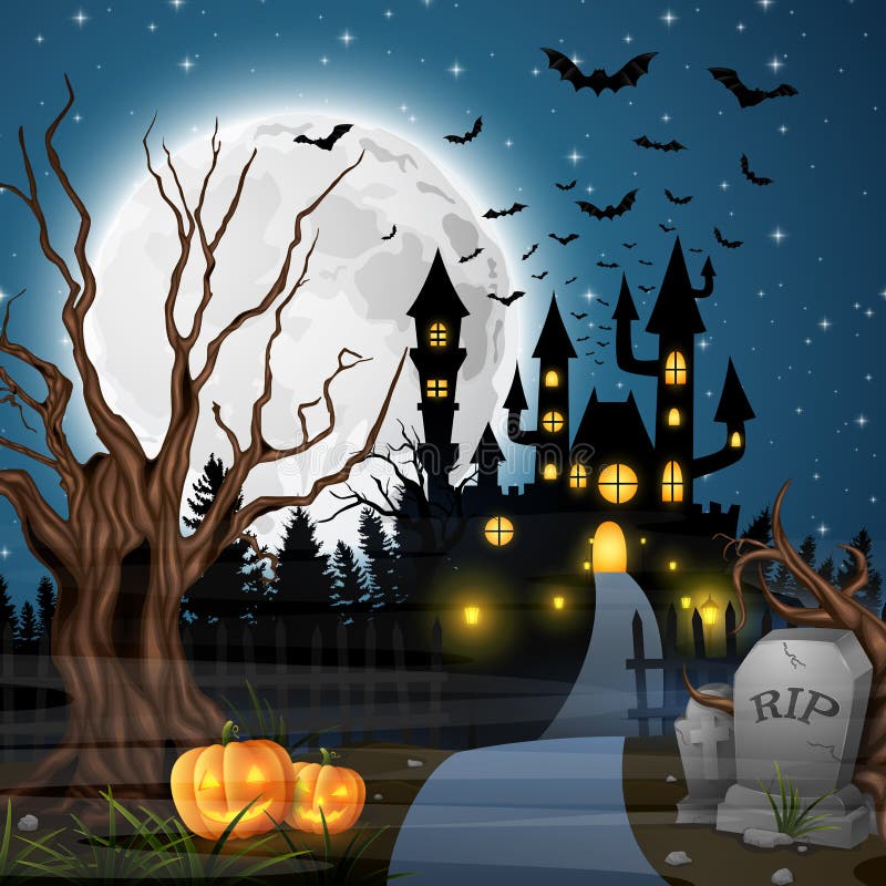 Scary Castle with Pumpkins and Bats in the Woods Stock Vector ...