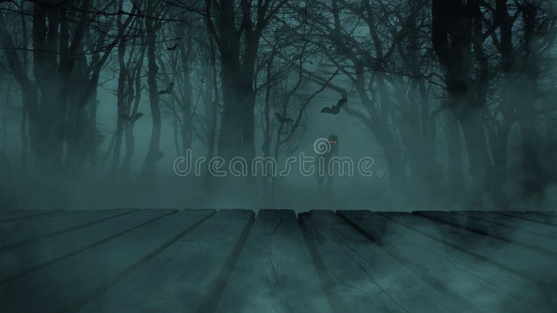 Scary foggy forest with walking dead zombie with red light eyes and bats with wooden table. Space for products and free copy space royalty free stock photos