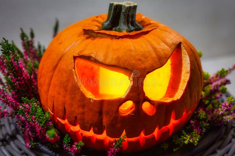 Scary Halloween Pumpkin on Cemetery at Night Stock Photo - Image of ...