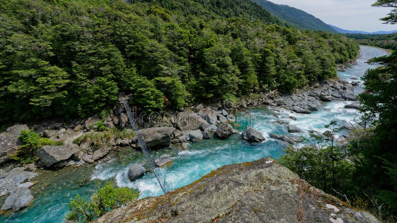 Scary high swing bridge over the Wairau River, New Zealand