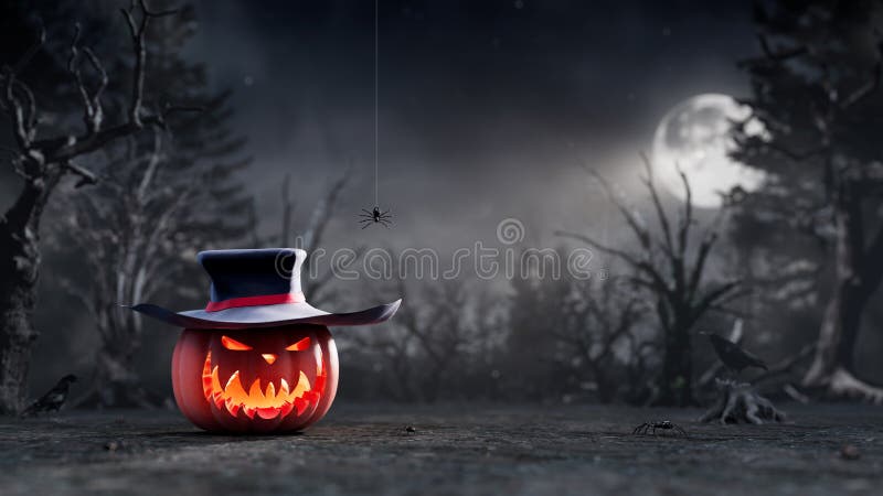 Scary Jack o lantern in the evil forest under the moonlight, Halloween background