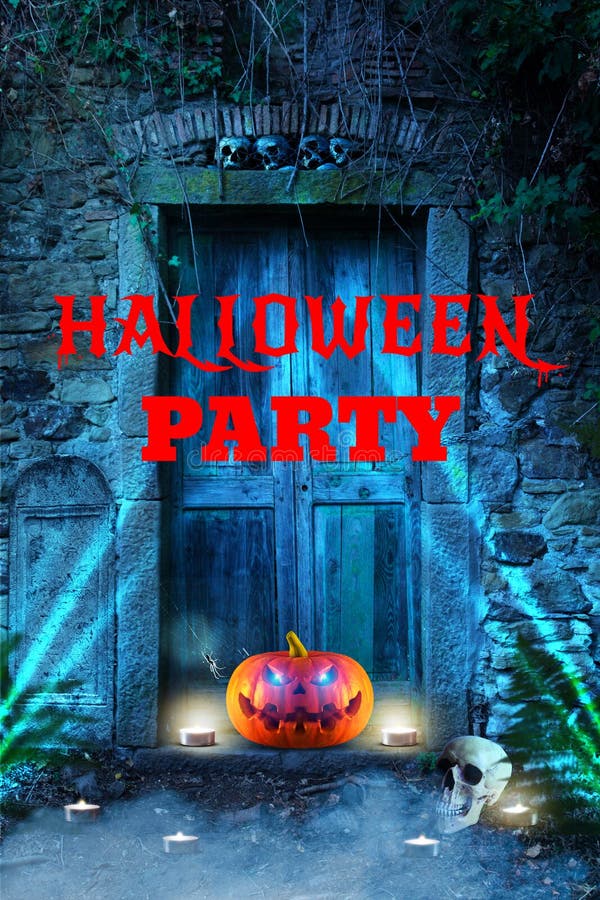 Scary orange halloween pumpkin with glowing eyes in front of hell`s door royalty free stock images Scary orange halloween pumpkin with glowing eyes in front of hell`s door royalty free stock images