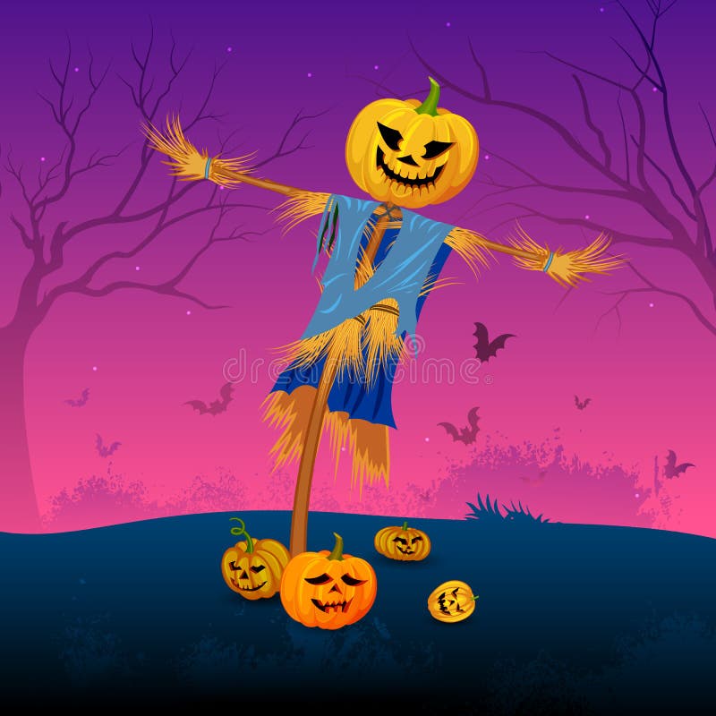 Scary Scarecrow with Pumpkin in Halloween Stock Vector - Illustration