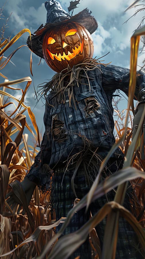 Scary Scarecrow with Pumpkin Head in Cornfield, Halloween Concept Stock
