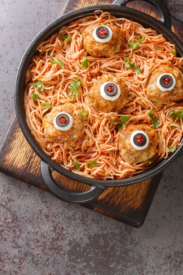 Scary Tasty Halloween Food of Meatballs with Monster Eyes and Spaghetti ...