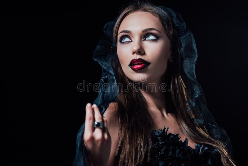 Scary Vampire Girl in Black Gothic Dress Isolated on Black Stock Photo ...