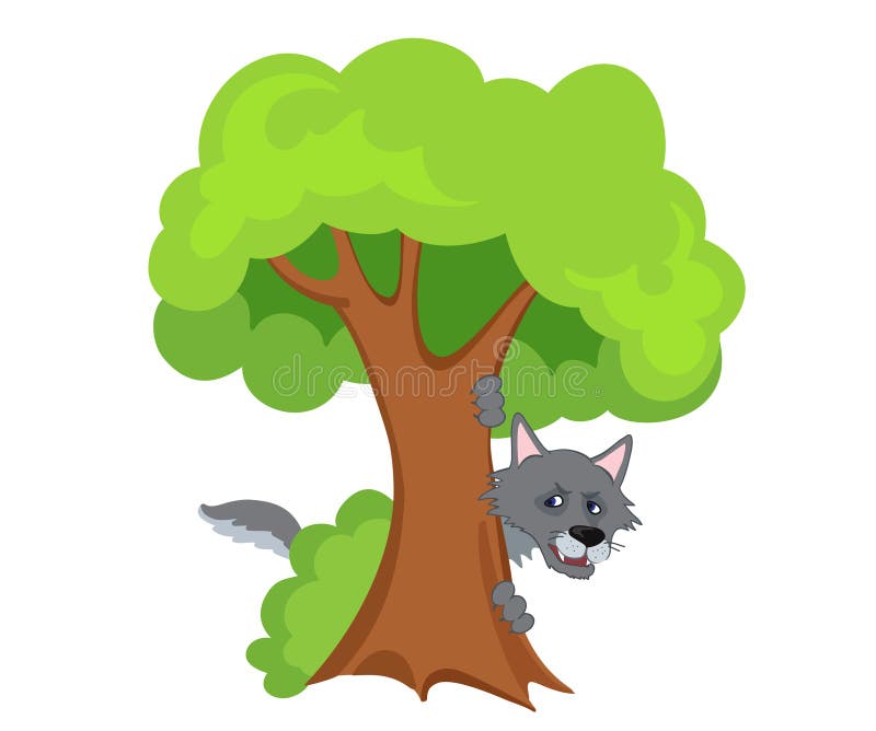 Scary Wolf Hiding Behind a Tree. Vector Illustration Stock Vector