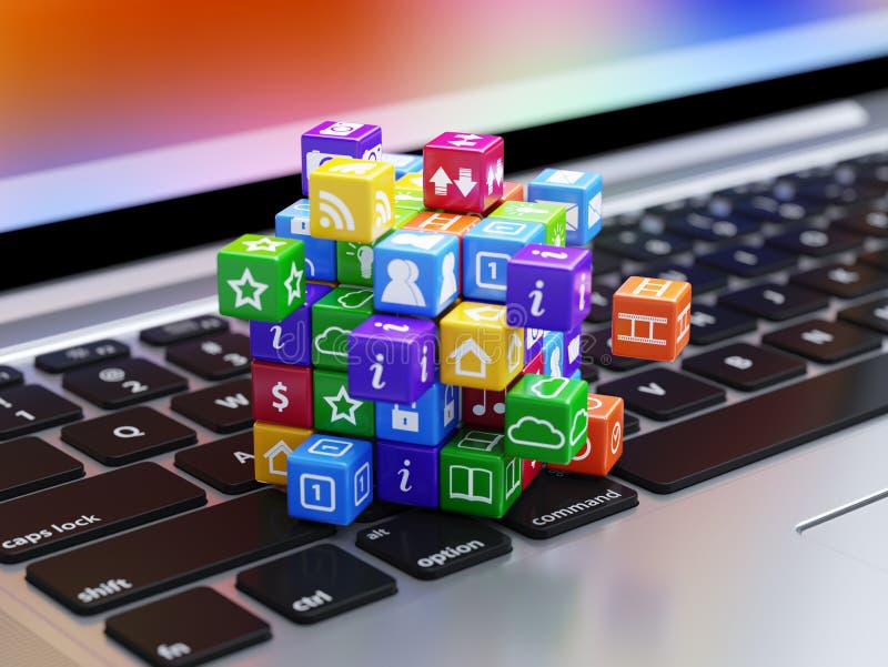 Scatola di icone di concetto di software sulla tastiera di computer portatile royalty illustrazione gratis