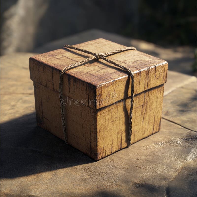 Scatola regalo in legno di rustico con spago sulla superficie della pietra alla luce del sole fotografie stock