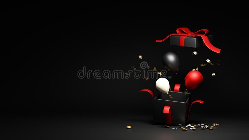Scatola regalo nera di eleganza con palloncini coretti e spazio vuoto su fondo nero illustrazione vettoriale