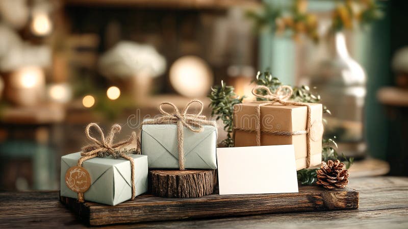 Scatole regalo con carta bianca su tavoli rustici in legno, atmosfera accogliente. generativo ai illustrazione vettoriale