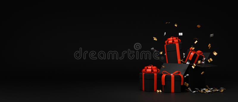 Scatole regalo nere con coriandoli a nastro rosso su fondo nero. cartellone a sorpresa per la vendita online royalty illustrazione gratis