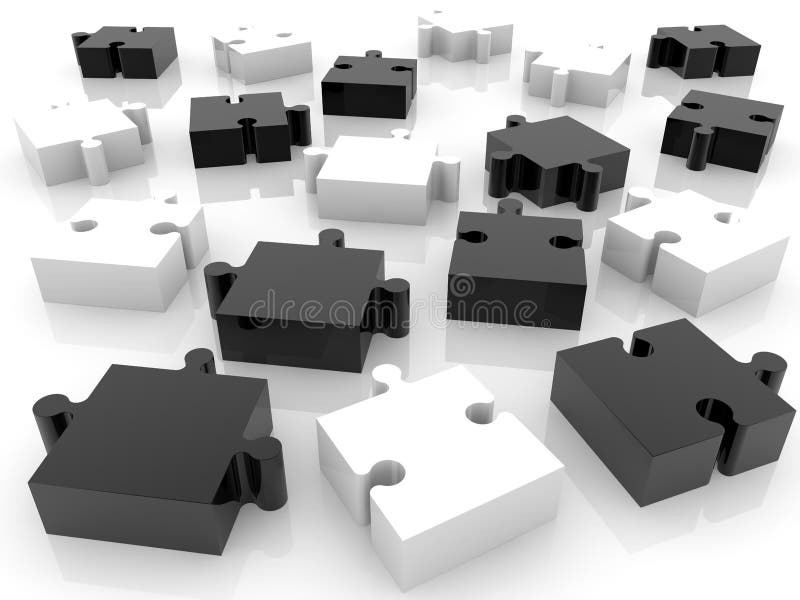 Scattered black and white puzzle pieces stock illustration